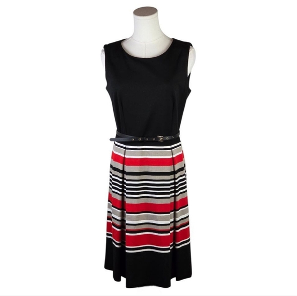 Calvin Klein Black Red Striped Fit & Flare Dress 6 Belted Sleeveless Work - Picture 1 of 7